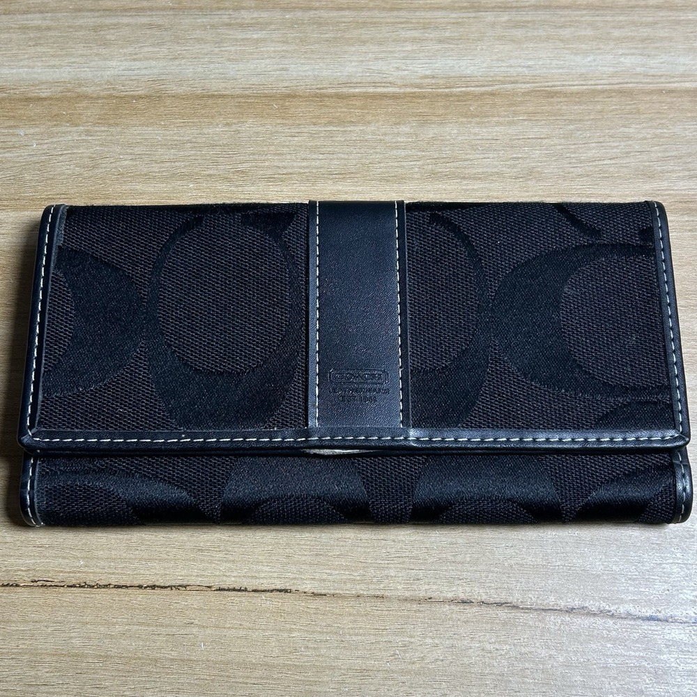 Coach Black Signature Canvas Leather White Contrast Stitching Trifold Wallet